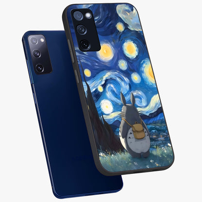 Totoro In Van Gogh Art Glass Case displayed in angled mockup highlighting artistic swirling sky design with playful animation aesthetic.