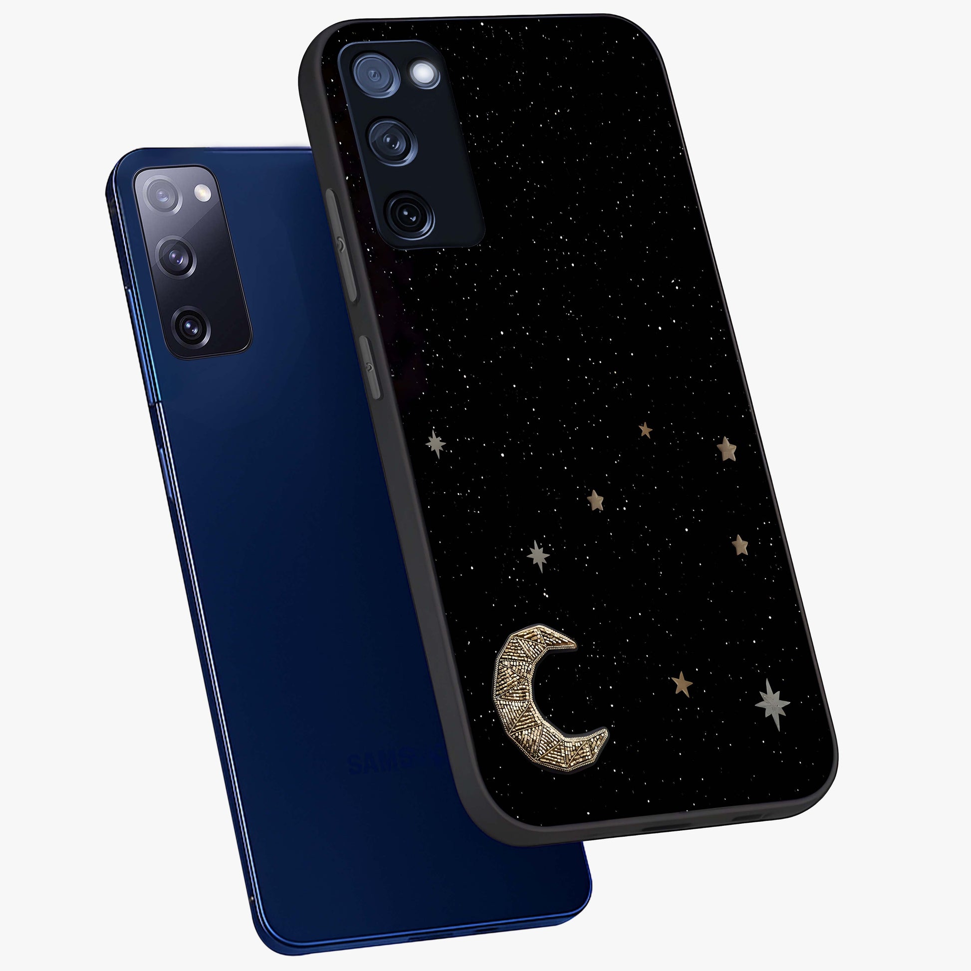 Twinkle Star With Half Moon Glass Case displayed in angled mockup highlighting celestial moon and star design with magical aesthetic.