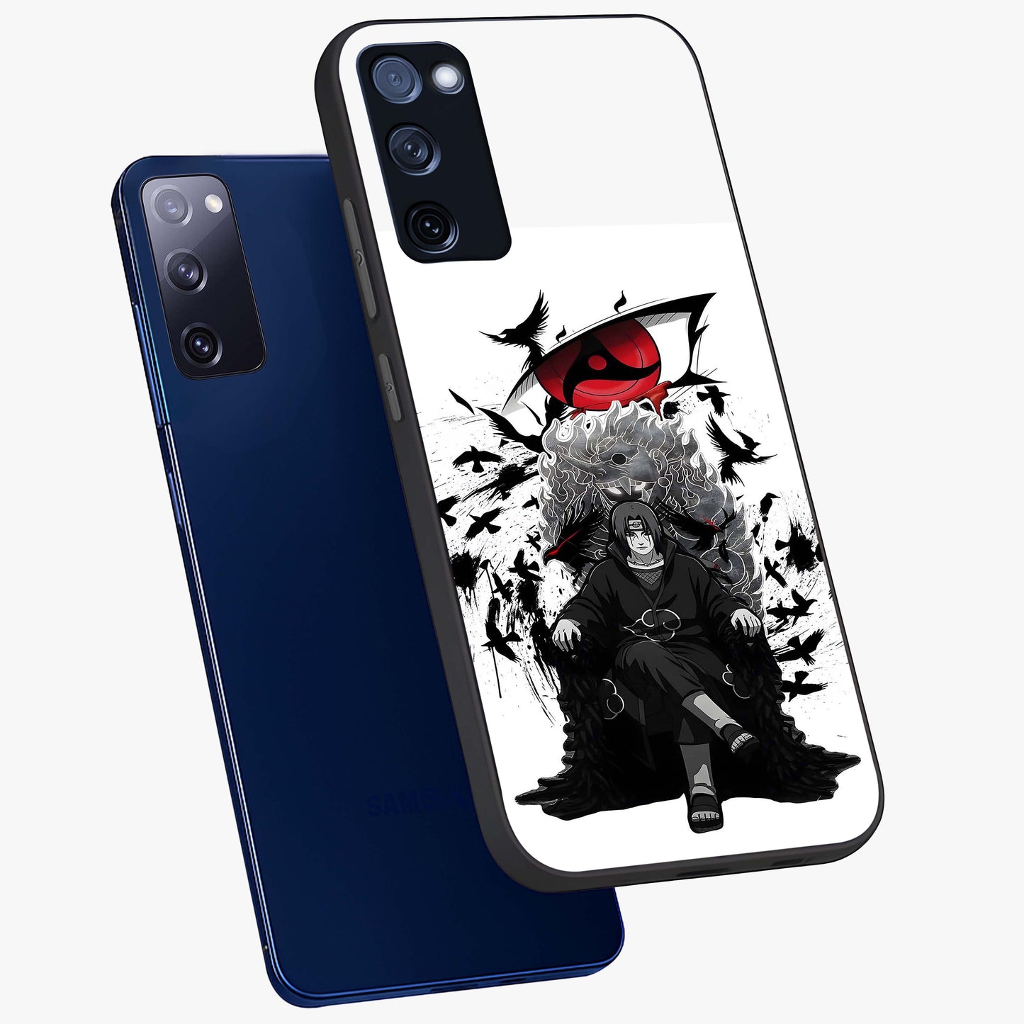 Uchiha Shadow Throne Glass Case displayed in angled mockup highlighting glowing aquatic design with celestial aesthetic.