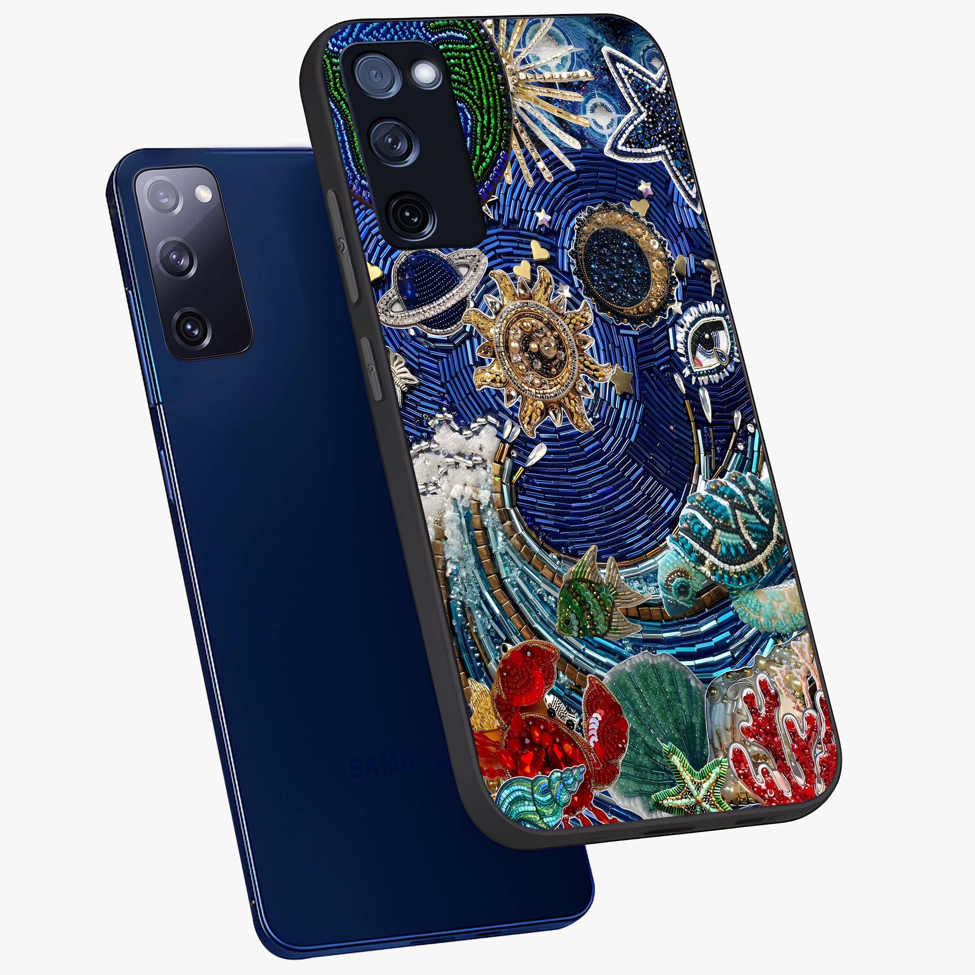 Universe Underwater Spark Glass Case displayed in angled mockup highlighting glowing aquatic design with celestial aesthetic.