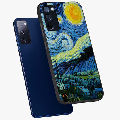 Van Gogh Art Glass Case displayed in angled mockup highlighting swirling brushstroke design with artistic aesthetic.