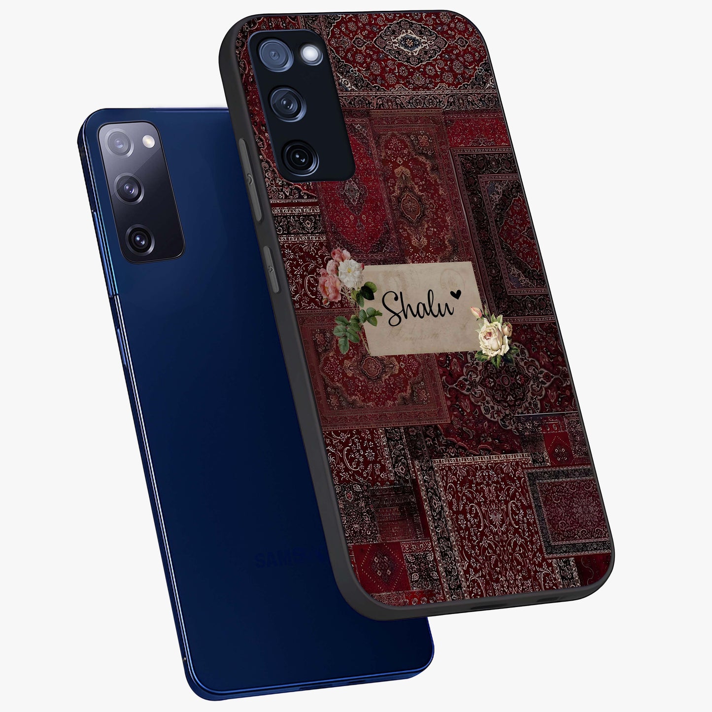 Velvet Wine Pattern Custom Name Glass Case displayed in angled mockup highlighting decorative velvet inspired design with custom name feature.