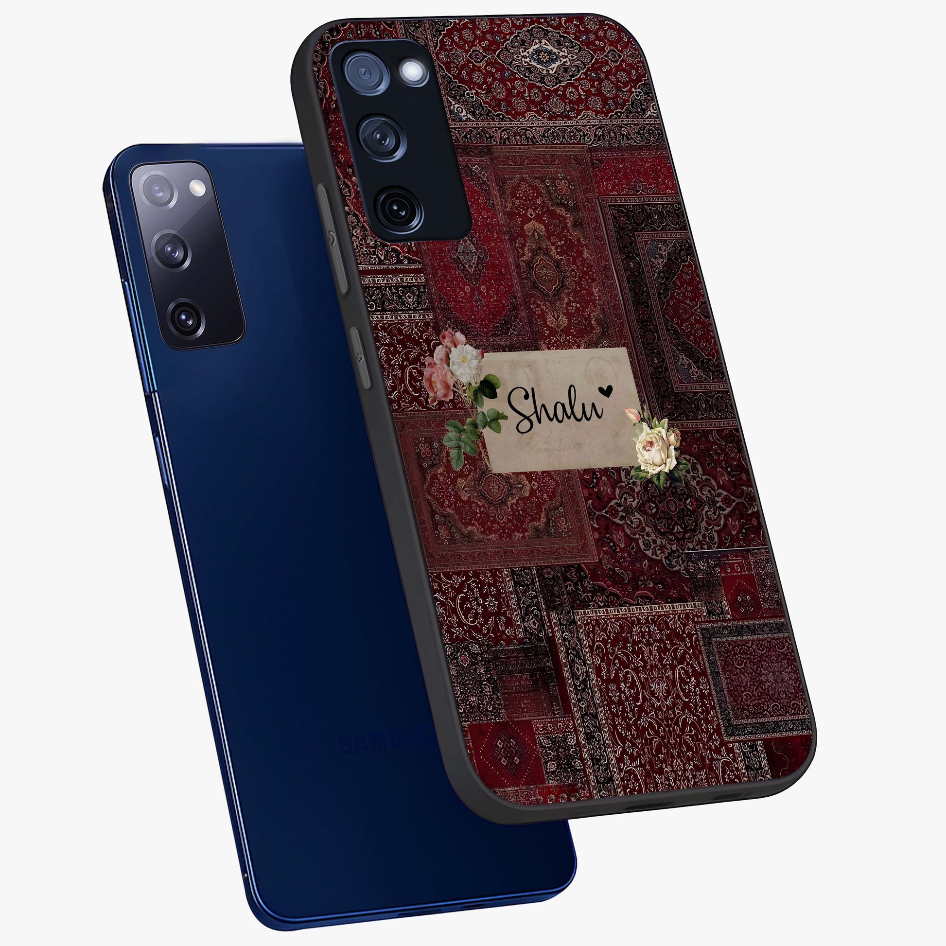 Velvet Wine Pattern Custom Name Glass Case displayed in angled mockup highlighting decorative velvet inspired design with custom name feature.