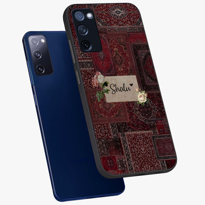 Velvet Wine Pattern Custom Name Glass Case displayed in angled mockup highlighting decorative velvet inspired design with custom name feature.