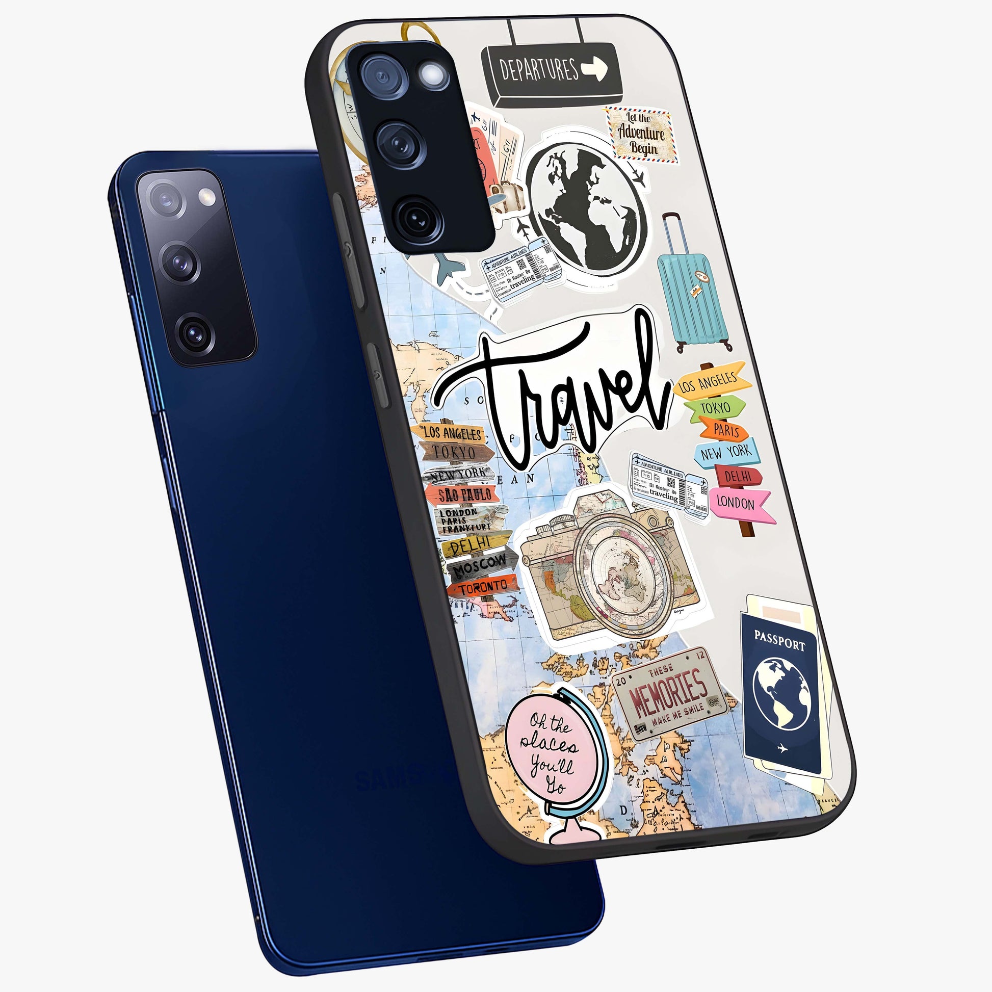 Wanderlust Journal Glass Case displayed in angled mockup highlighting adventure themed design with aesthetic travel vibe.