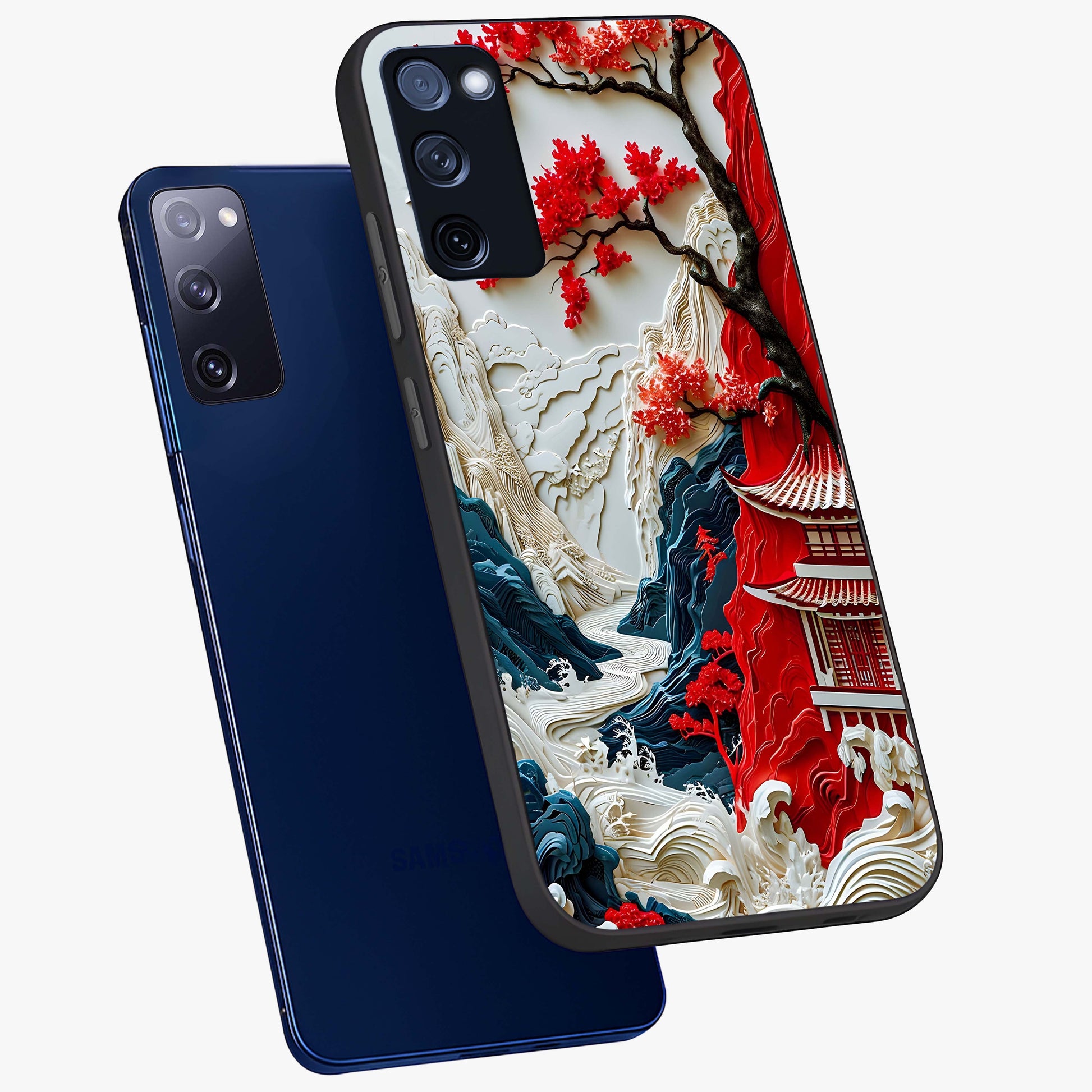 Whispers Of Sakura Waves Glass Case displayed in angled mockup highlighting flowing sakura design with soft floral aesthetic.