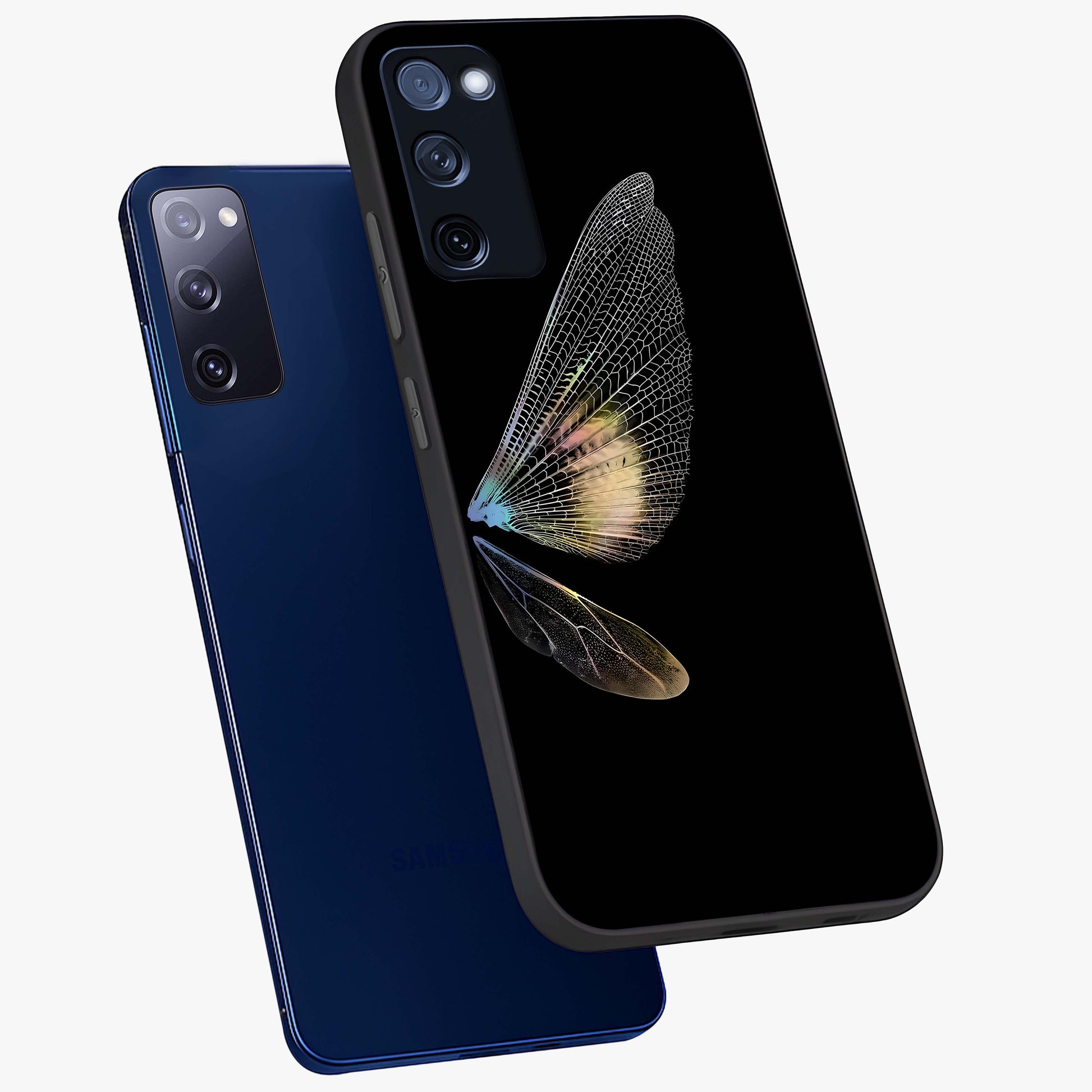Whispers Of Wings Glass Case displayed in angled mockup highlighting soft feather design with celestial aesthetic style.