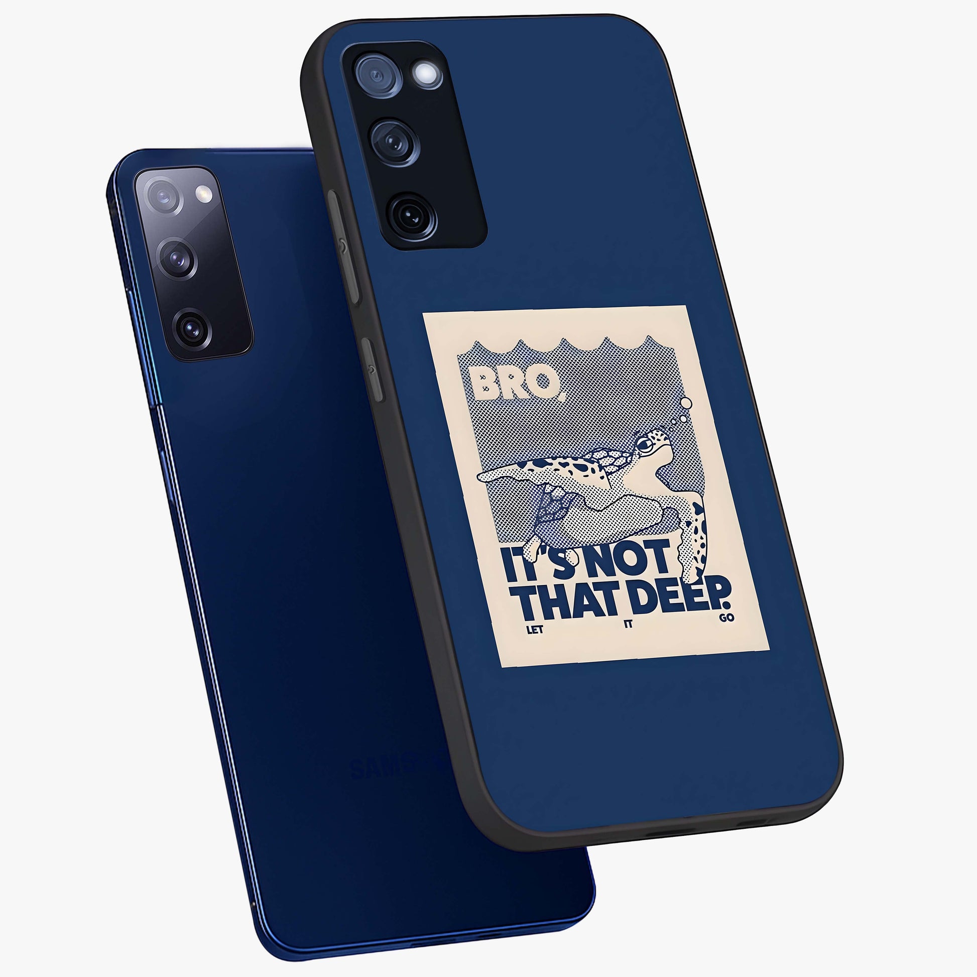 Worry Less Swim Glass Case displayed in angled mockup highlighting fun typography design with relaxed aesthetic style.