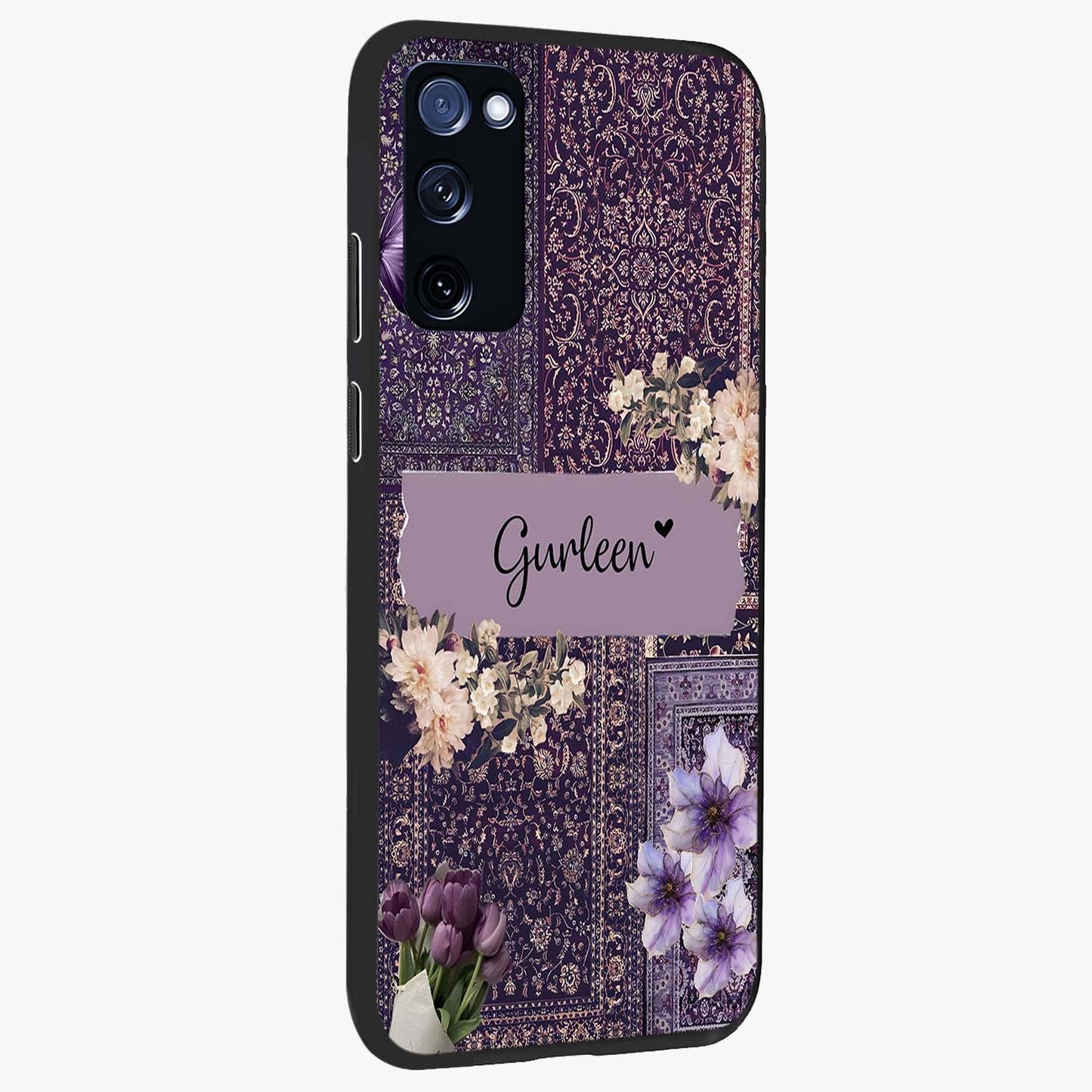 Antique Floral Whisper Custom Name Glass Case upright view showcasing delicate floral artwork with custom name feature.