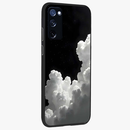 Black Background With White Cloud Glass Case upright view showcasing calm cloud aesthetic with modern minimal style.