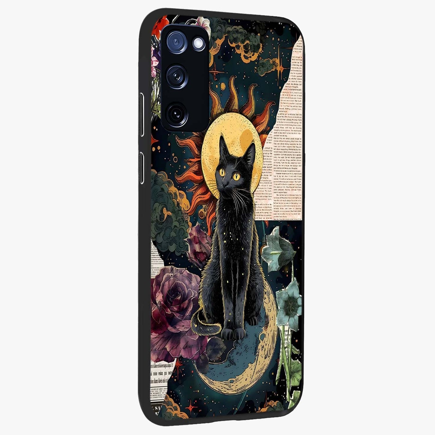 Celestial Black Cat Glass Case upright view showcasing magical black cat illustration with starry cosmic theme.