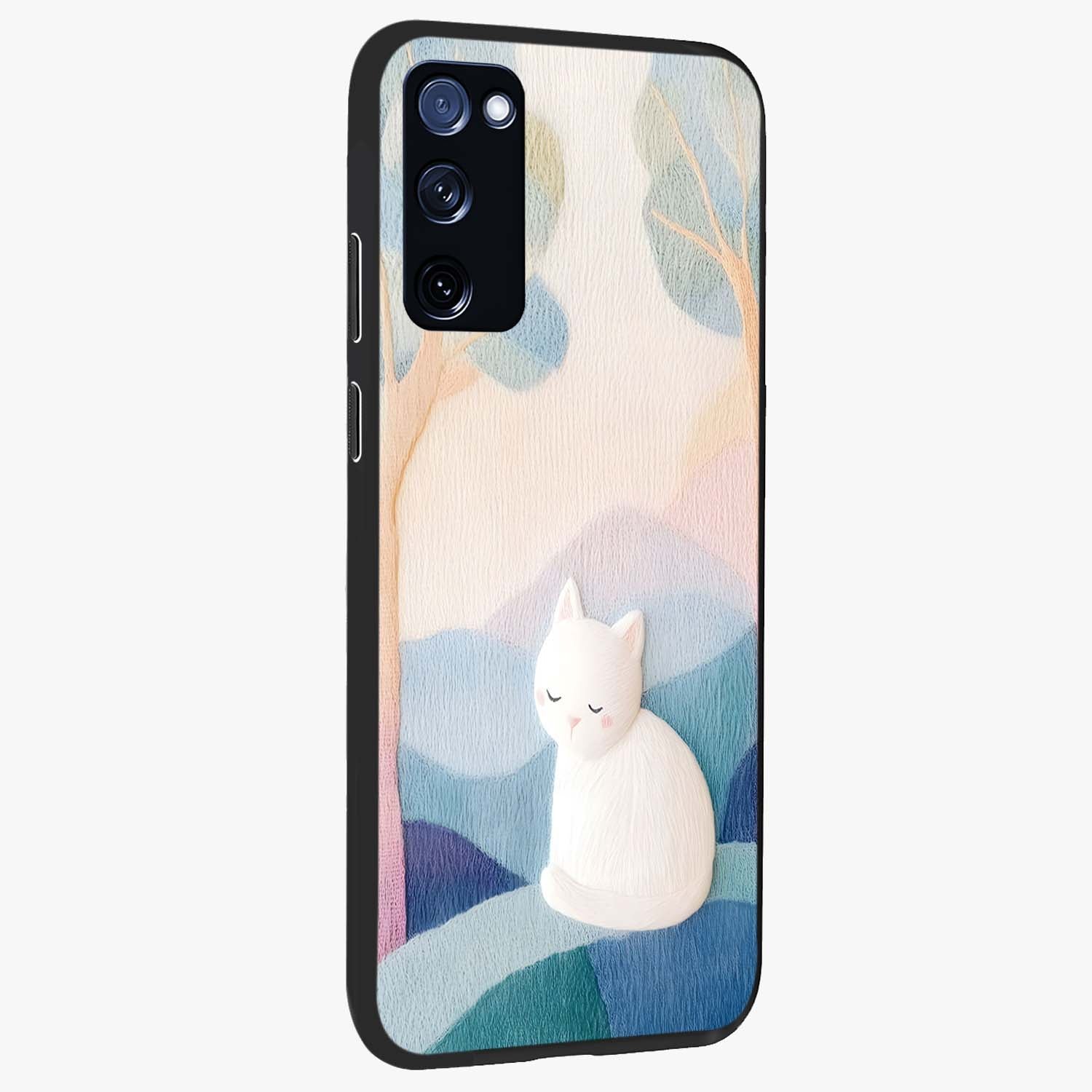 Cotton Dream Cat Glass Case upright view showcasing charming cat artwork with cozy dreamy theme.
