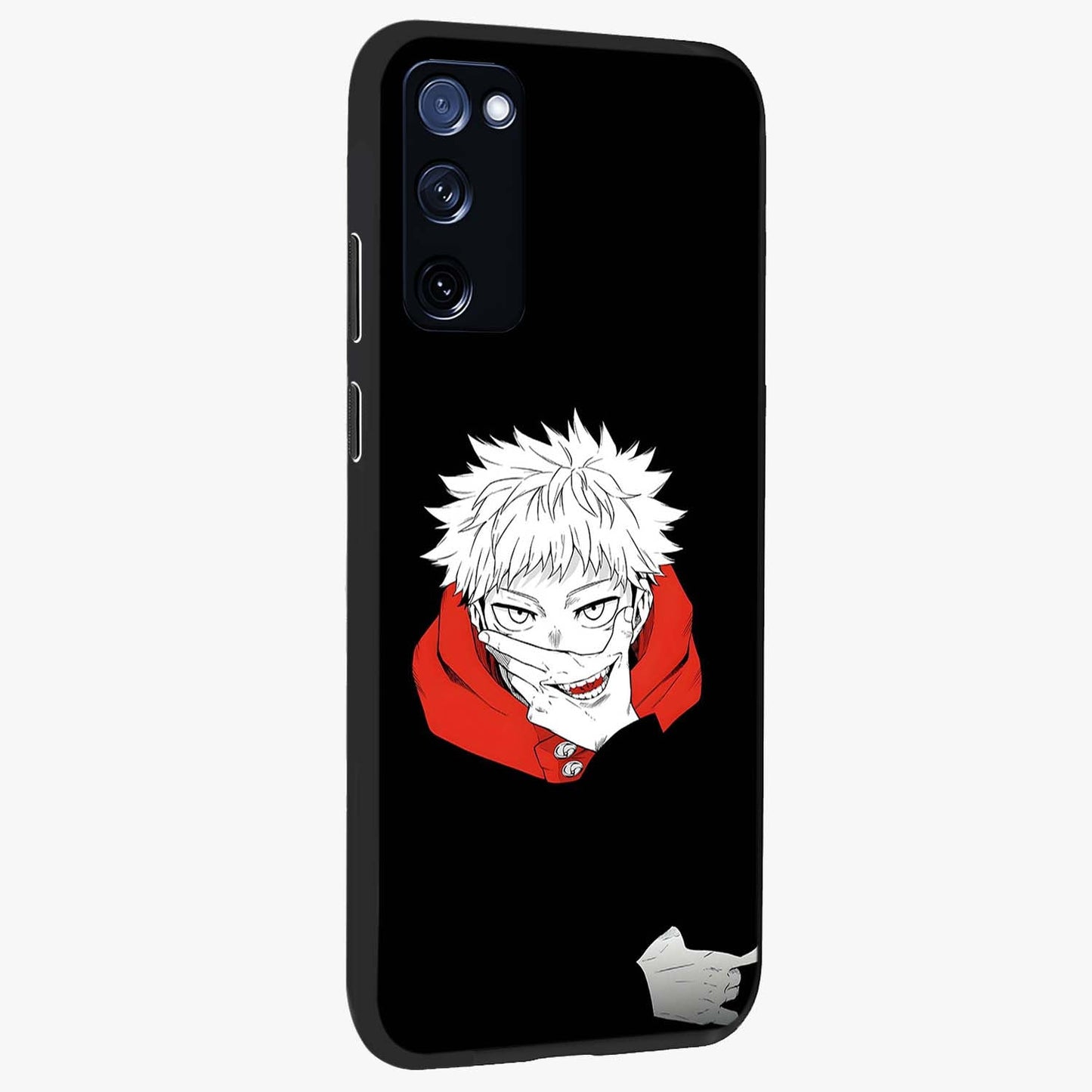 Crimson Chaos Smile Glass Case upright view showcasing expressive chaotic artwork with striking visual theme.