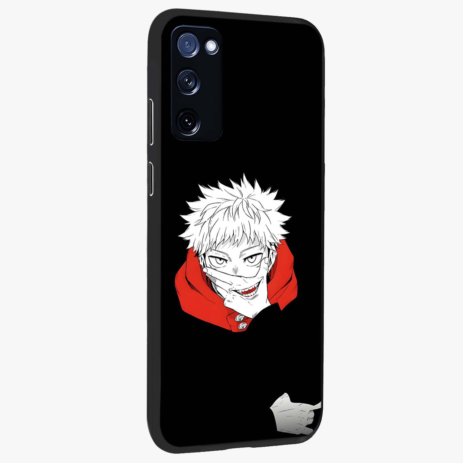 Crimson Chaos Smile Glass Case upright view showcasing expressive chaotic artwork with striking visual theme.