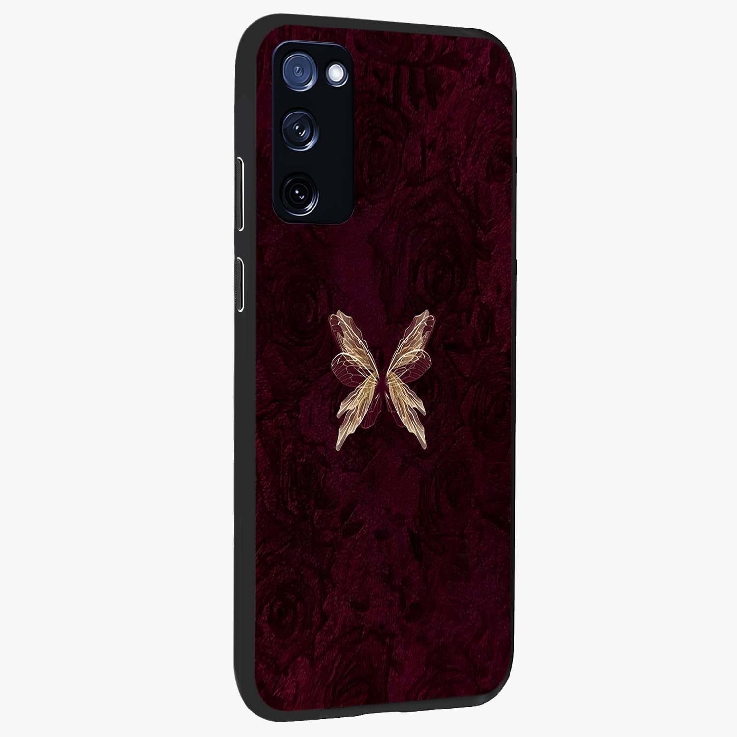 Crimson Fade Butterfly Glass Case upright view showcasing graceful butterfly artwork with soft crimson fade effect.