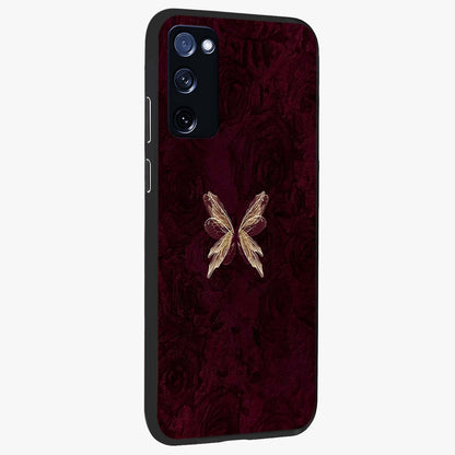 Crimson Fade Butterfly Glass Case upright view showcasing graceful butterfly artwork with soft crimson fade effect.