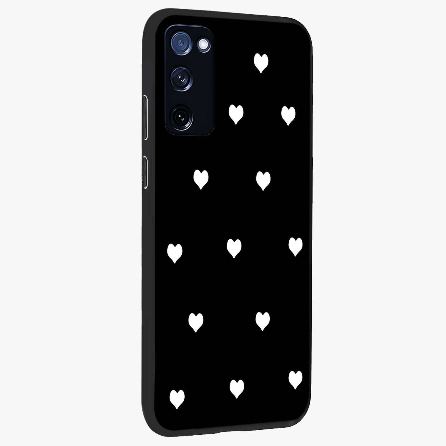 Cute And Simple White Hearts Glass Case upright view showcasing simple white hearts artwork with soft minimal theme.