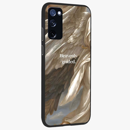 Divine Winged Grace Glass Case upright view showcasing spiritual wing artwork with soft celestial theme.