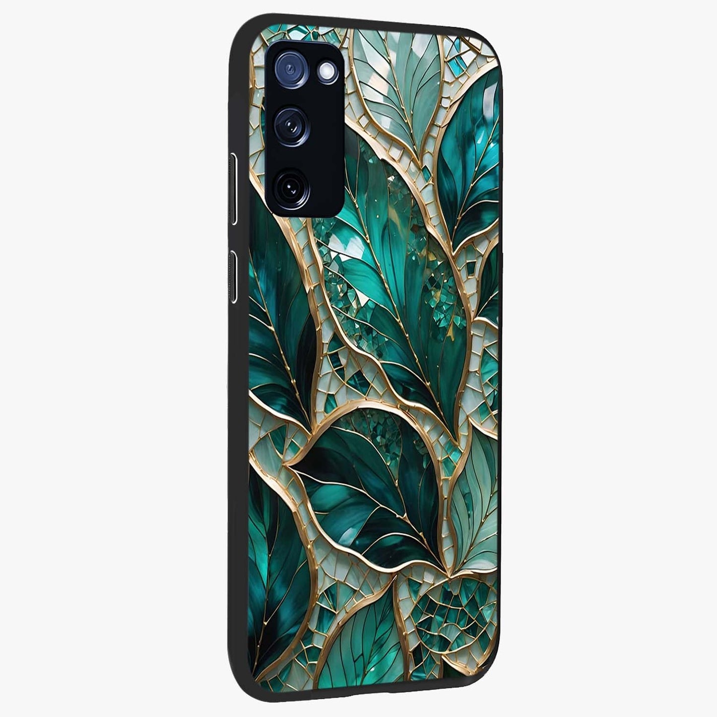 Emerald Leaf Glass Glass Case upright view showcasing fresh green leaf artwork with calming nature inspired style.