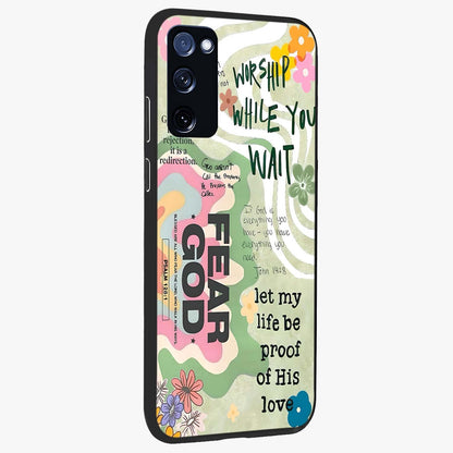 Faith Over Fear Glass Case upright view showcasing bold typography artwork with uplifting motivational theme.