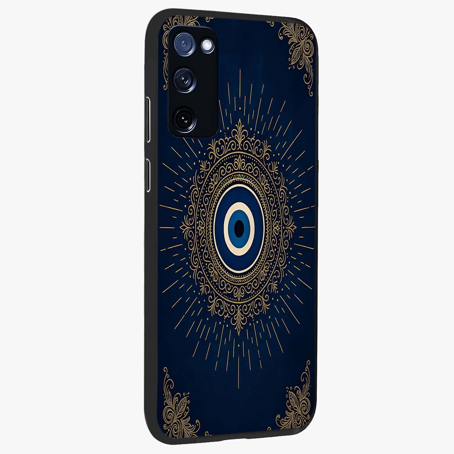 Golden Celestial Charm Glass Case upright view showcasing radiant celestial artwork with elegant golden theme.