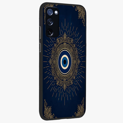 Golden Celestial Charm Glass Case upright view showcasing radiant celestial artwork with elegant golden theme.