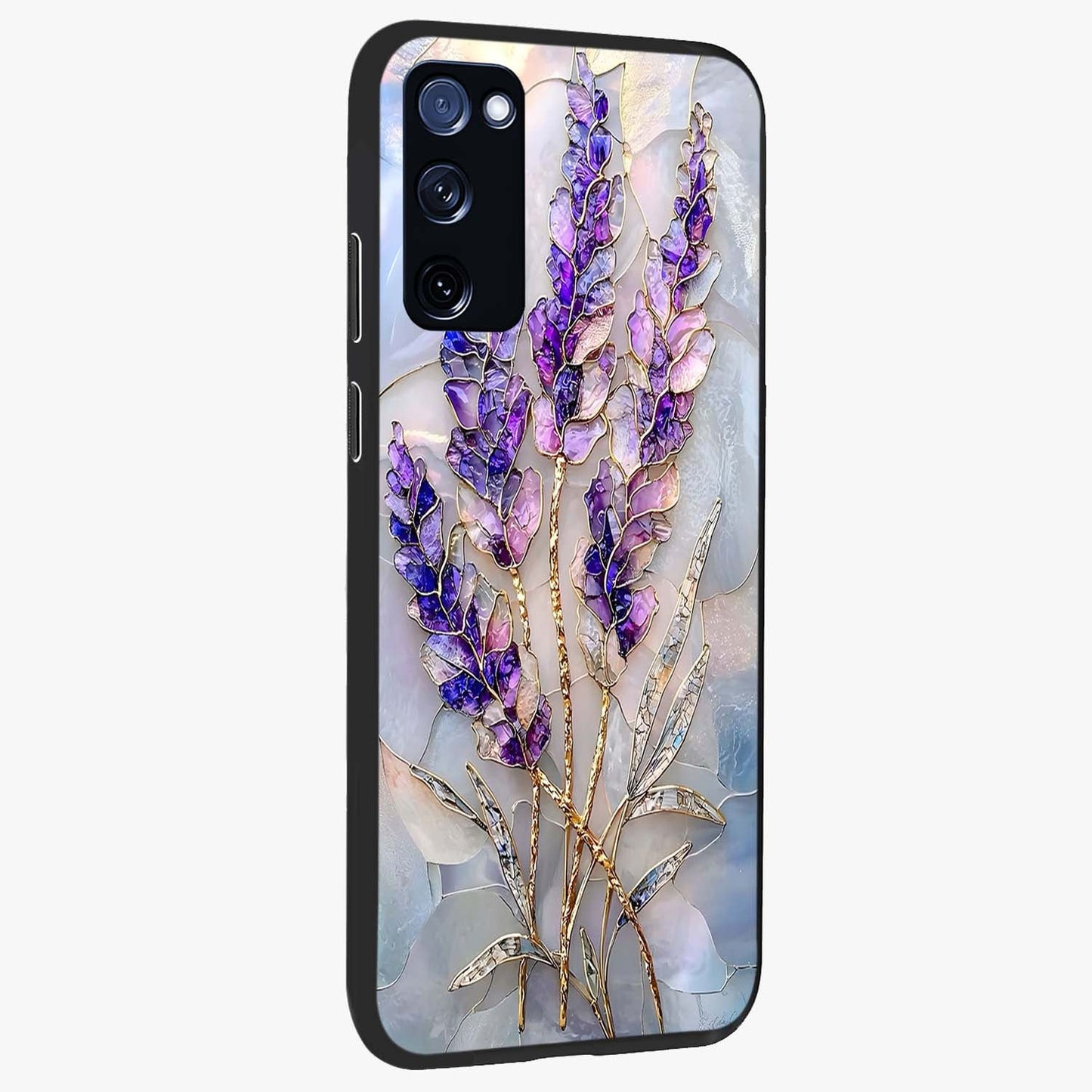 Lavender Dream Glow Glass Case upright view showcasing radiant lavender glow artwork with calming dreamy theme.