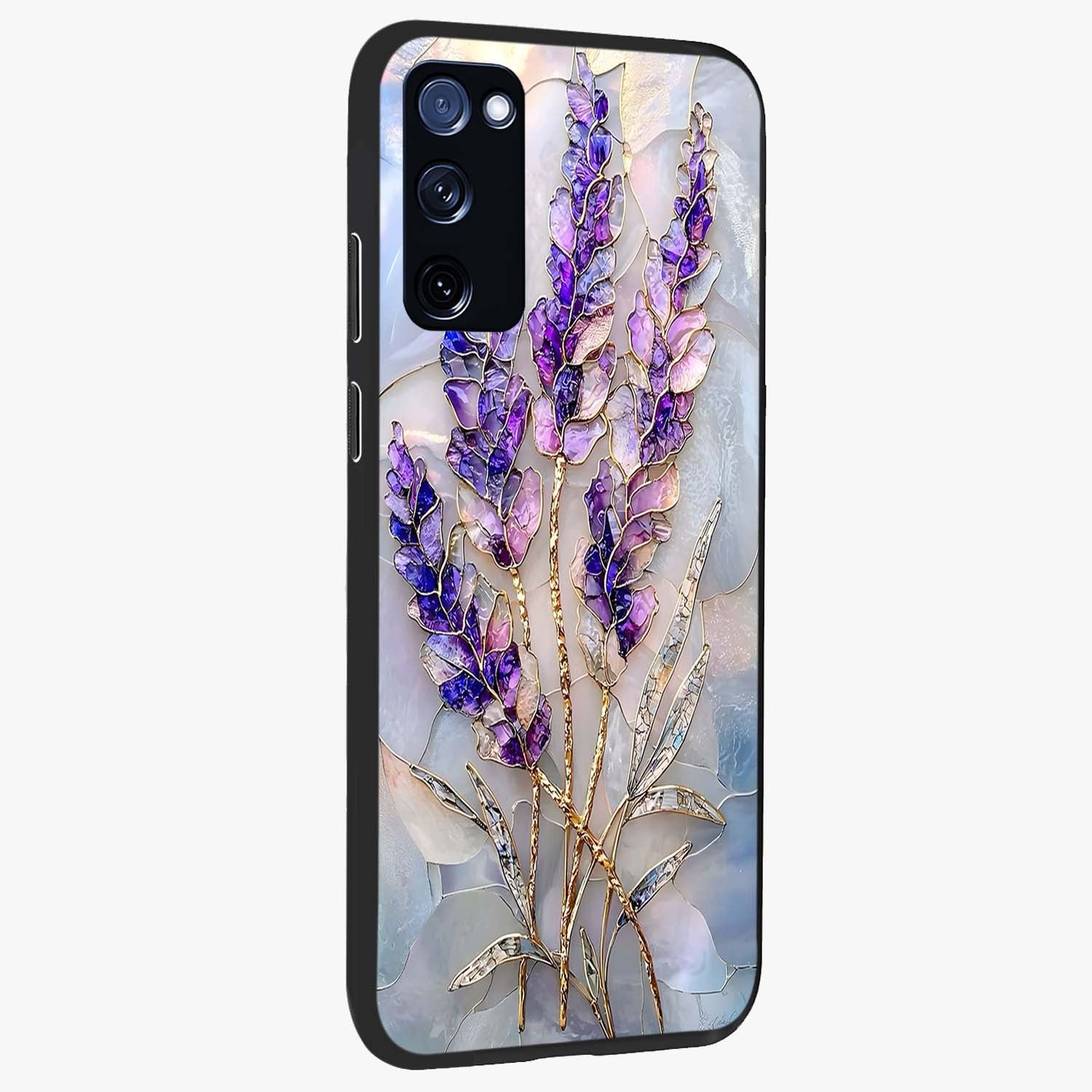 Lavender Dream Glow Glass Case upright view showcasing radiant lavender glow artwork with calming dreamy theme.
