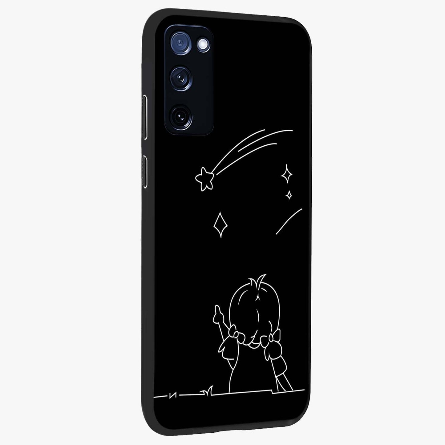Line Art Girl With Shooting Stars Glass Case upright view showcasing delicate shooting stars artwork with minimal artistic theme.
