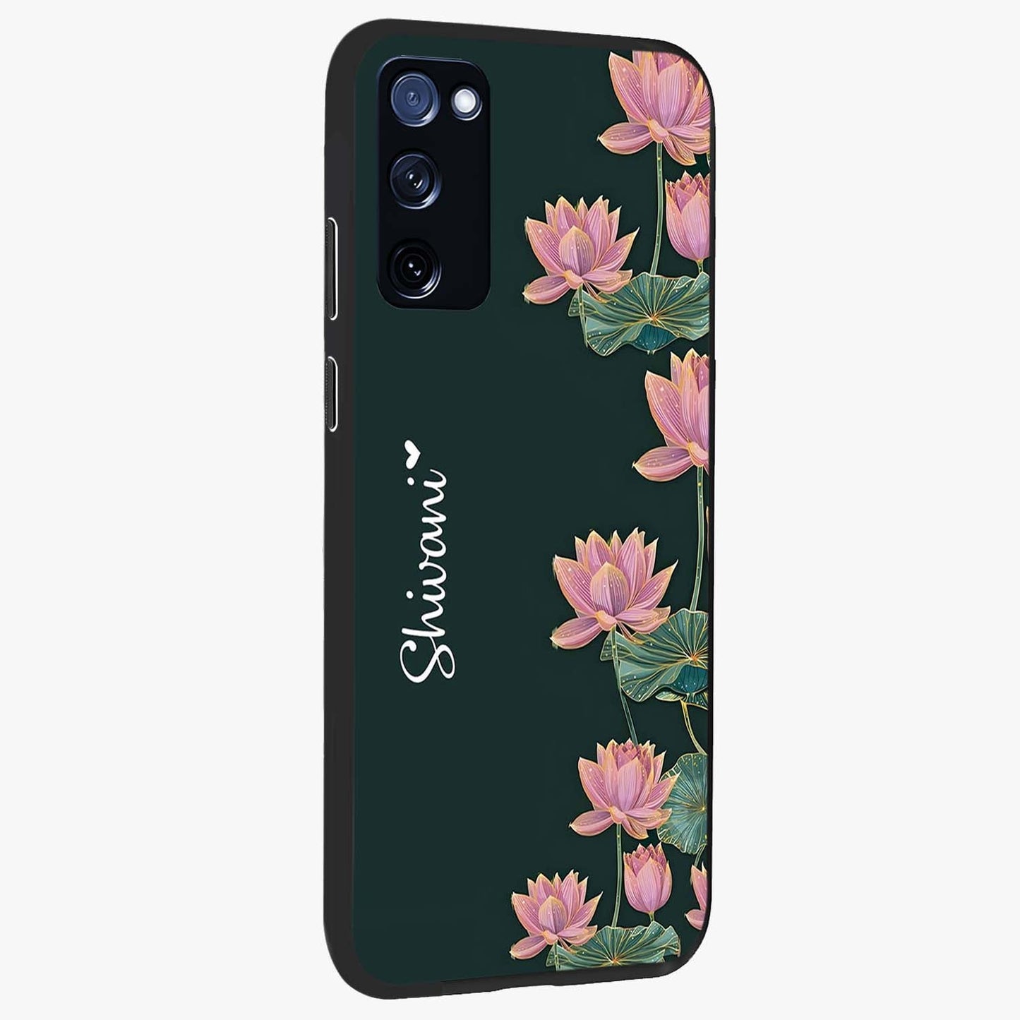 Lotus Bloom Serenity Custom Name Glass Case upright view showcasing serene lotus bloom artwork with personalized floral aesthetic.