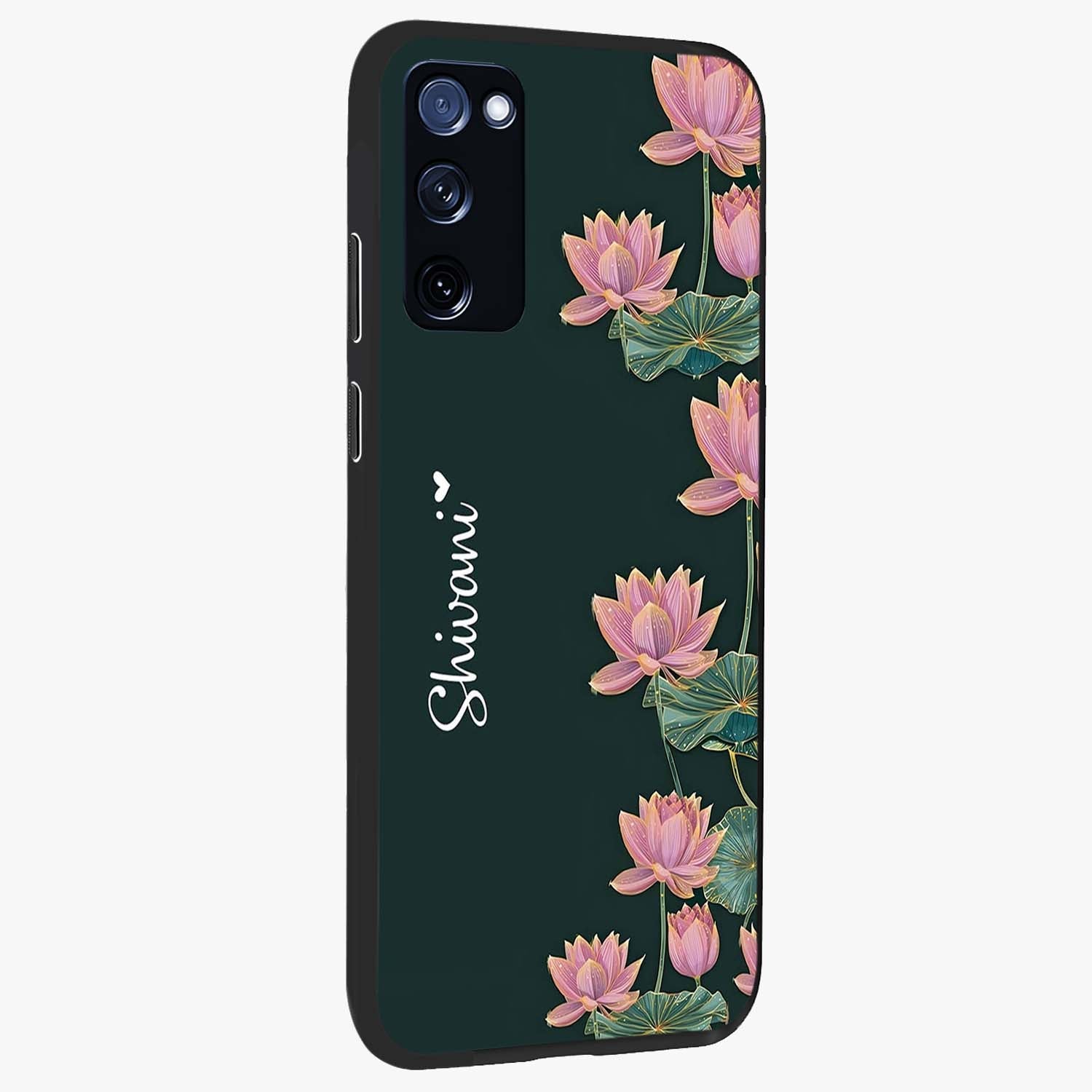 Lotus Bloom Serenity Custom Name Glass Case upright view showcasing serene lotus bloom artwork with personalized floral aesthetic.