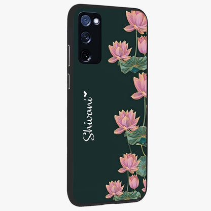Lotus Bloom Serenity Custom Name Glass Case upright view showcasing serene lotus bloom artwork with personalized floral aesthetic.