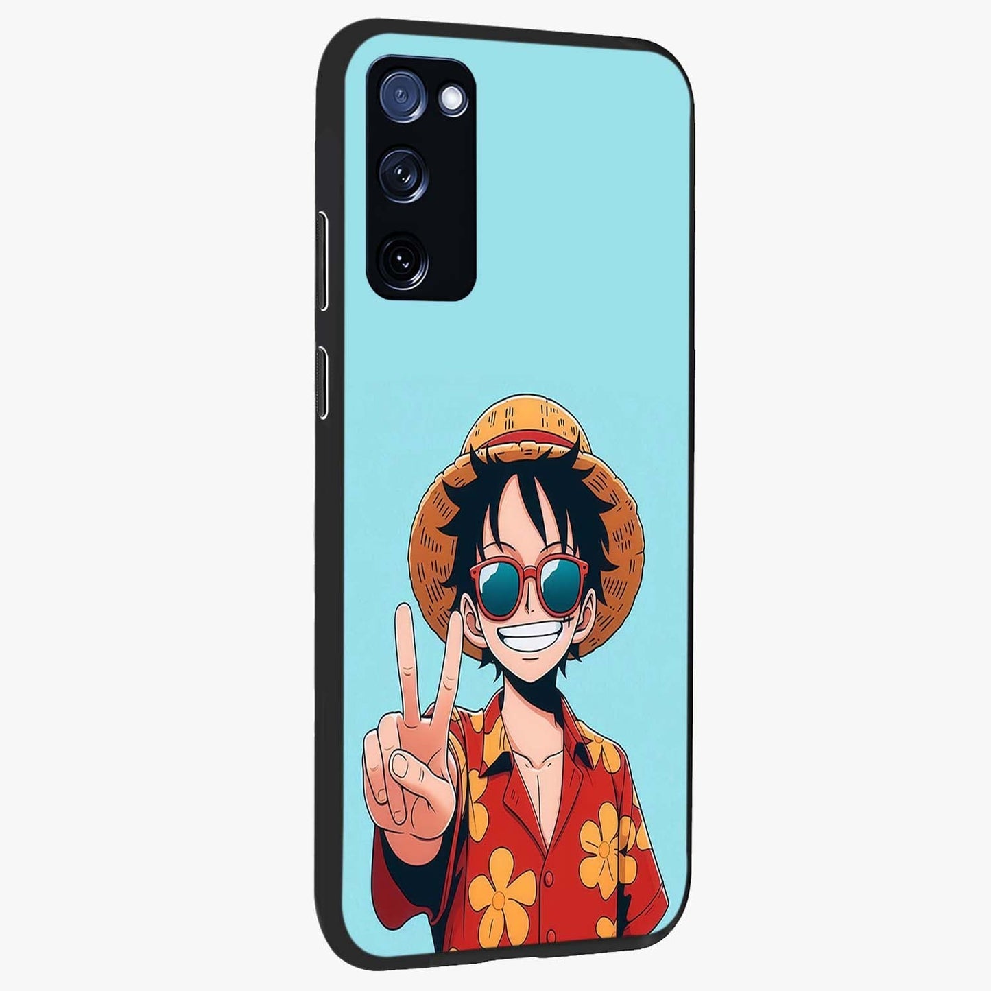 Luffy Summer Anime Vibe Glass Case upright view showcasing dynamic anime artwork with bright adventurous theme.