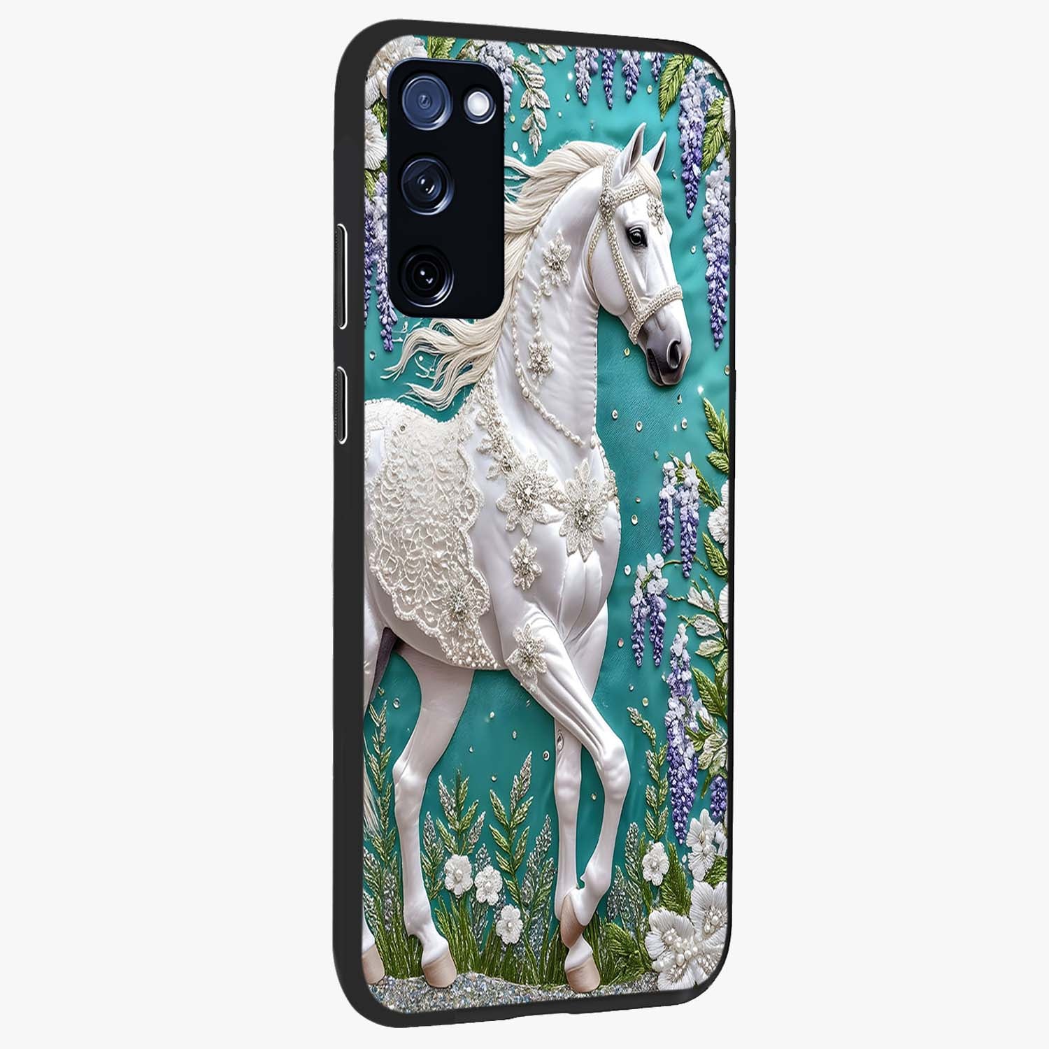 Majestic Floral Stallion Glass Case upright view showcasing dramatic horse artwork with decorative floral theme.