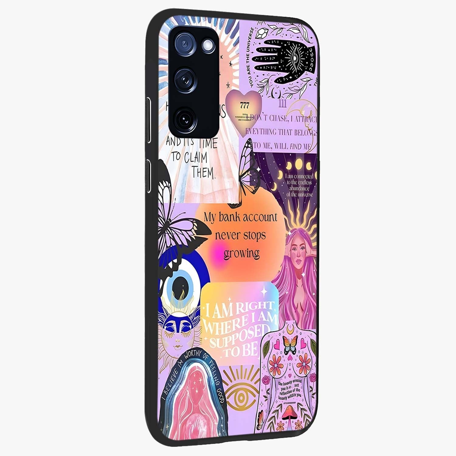 Manifestation Collage Glass Case upright view showcasing artistic manifestation themed artwork with creative style.