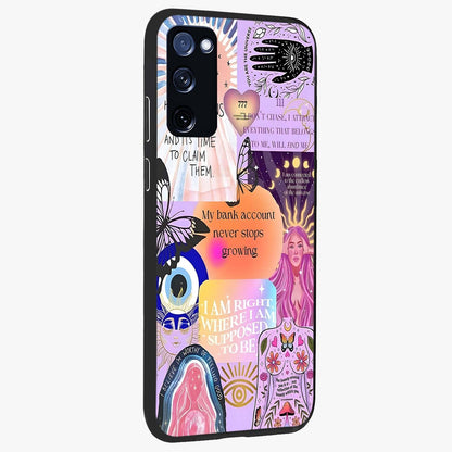 Manifestation Collage Glass Case upright view showcasing artistic manifestation themed artwork with creative style.
