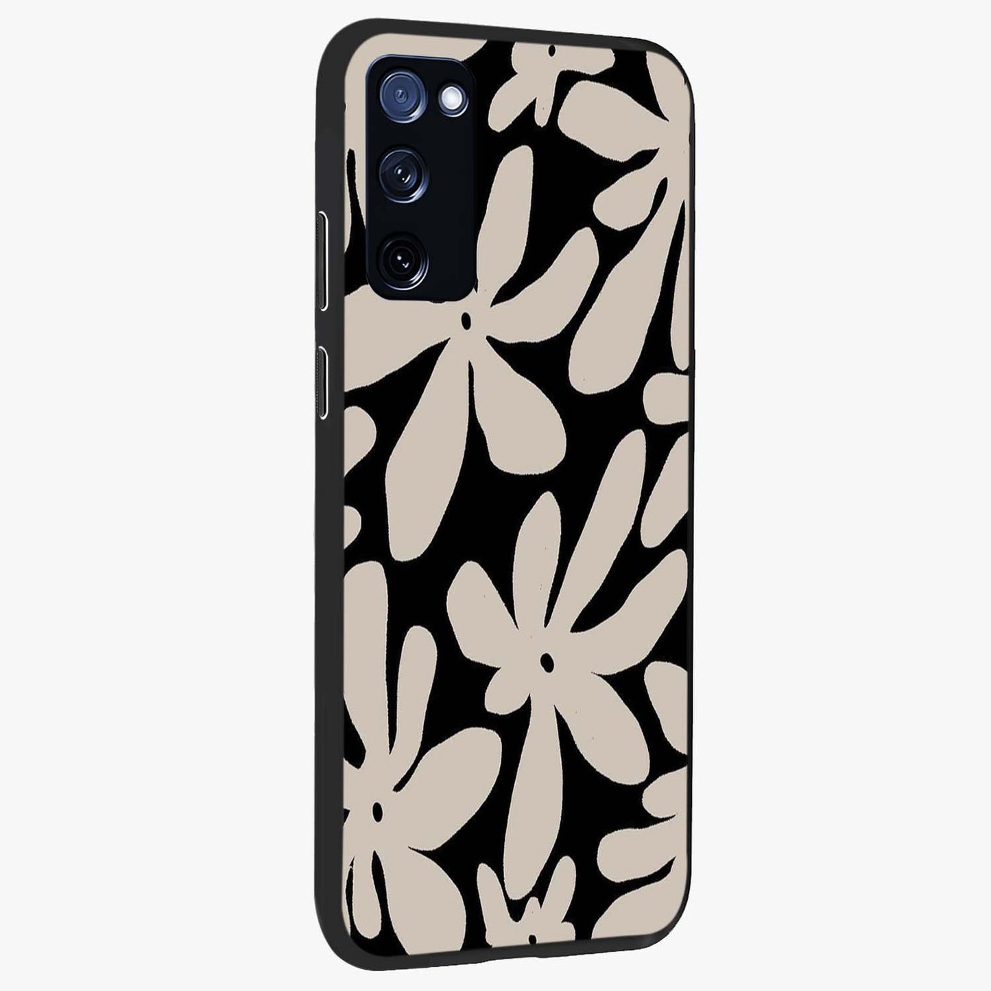 Monochrome Petal Dance Glass Case upright view showcasing artistic floral pattern with stylish monochrome theme.