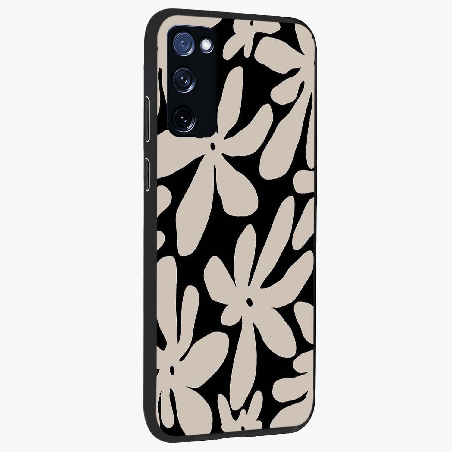 Monochrome Petal Dance Glass Case upright view showcasing artistic floral pattern with stylish monochrome theme.