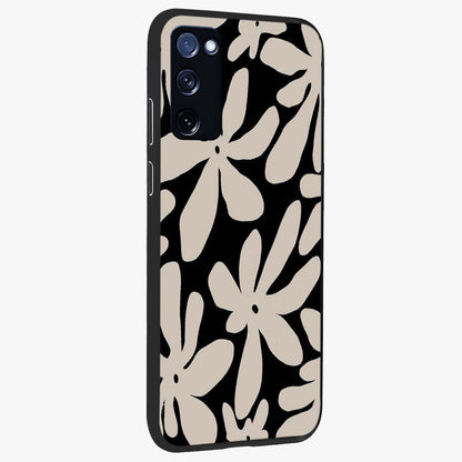 Monochrome Petal Dance Glass Case upright view showcasing artistic floral pattern with stylish monochrome theme.