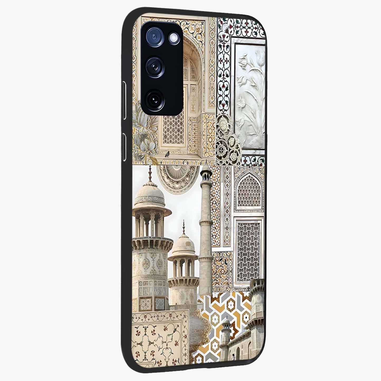 Mughal Marble Legacy Glass Case upright view showcasing ornate Mughal design with luxurious traditional theme.