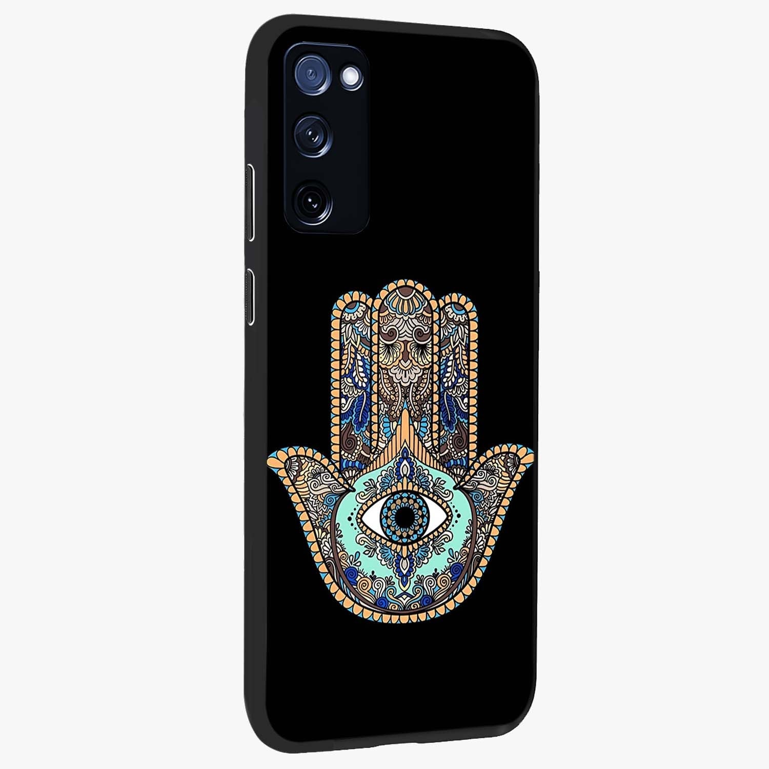 Mystic Hamsa Eye Glass Case upright view showcasing detailed hamsa eye artwork with protective spiritual theme.