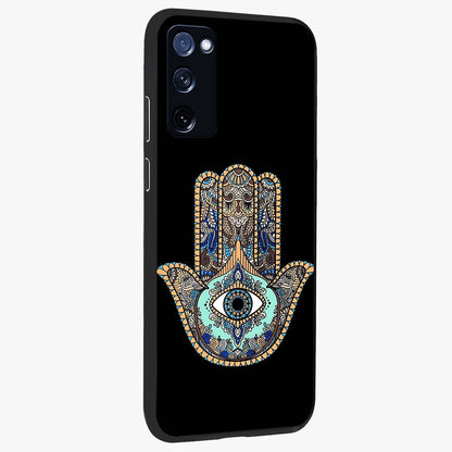 Mystic Hamsa Eye Glass Case upright view showcasing detailed hamsa eye artwork with protective spiritual theme.