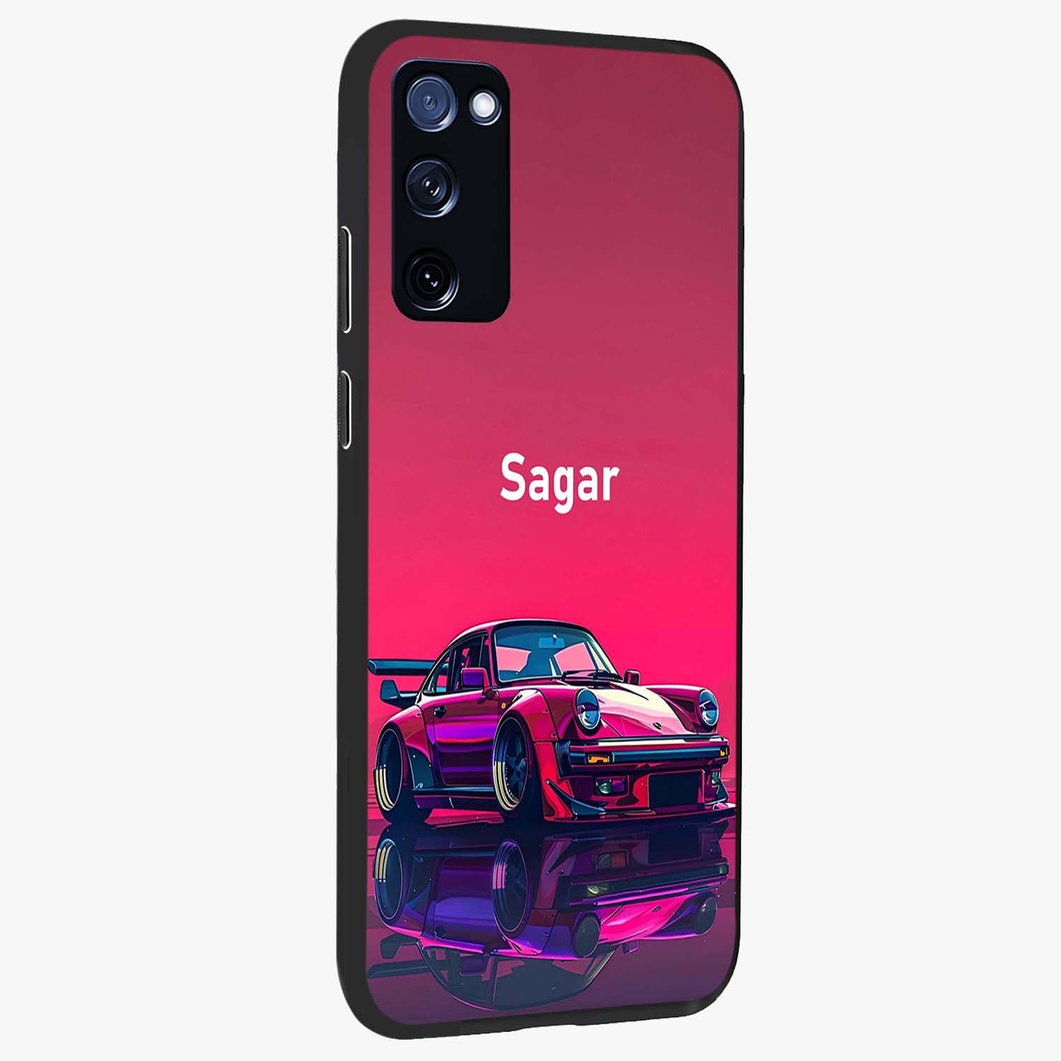 Neon Pink Porsche Glass Case upright view showcasing vibrant sports car artwork with bold automotive theme.