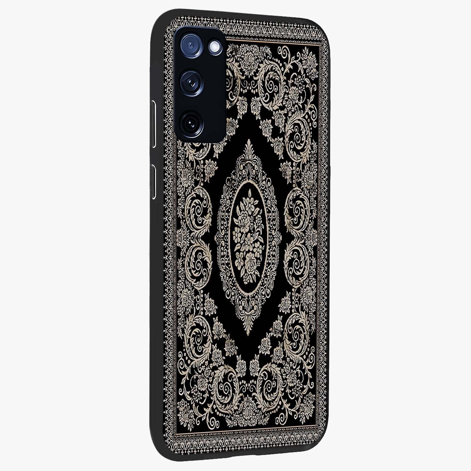 Noir Bloom Elegance Glass Case upright view showcasing graceful floral artwork with luxurious dark theme.