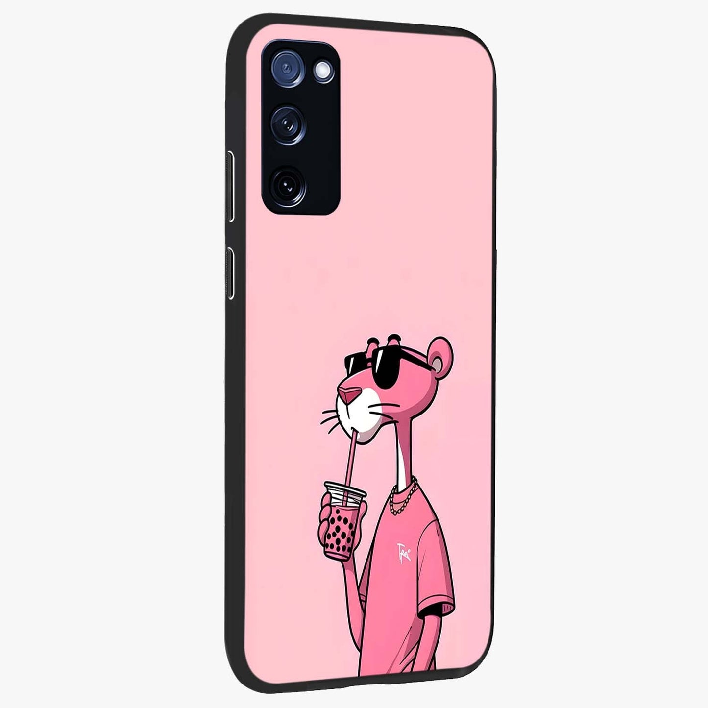 Pink Panther Glass Case upright view showcasing fun animated artwork with stylish retro cartoon theme.