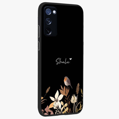 Quiet Garden Tune Custom Name Glass Case upright view showcasing serene botanical artwork with personalized aesthetic.