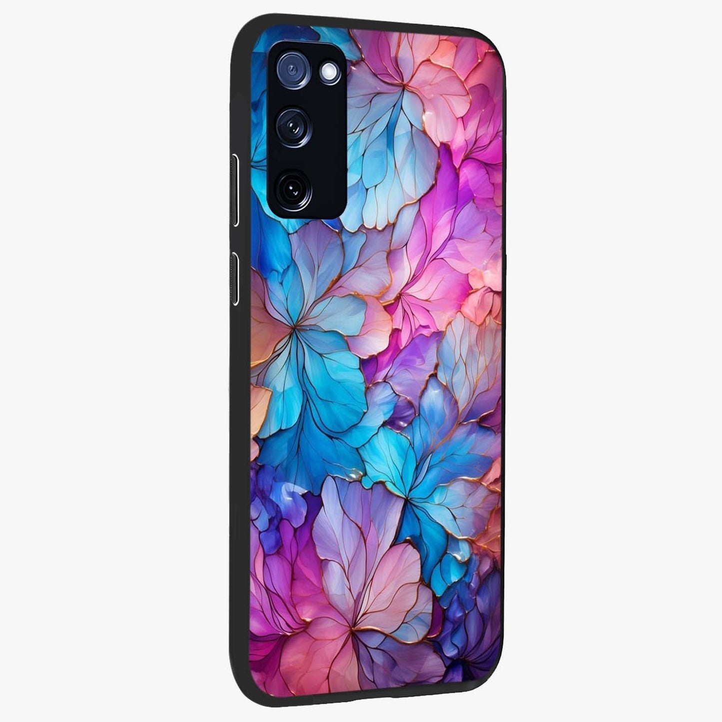 Radiant Floral Whirl Glass Case upright view showcasing lively floral artwork with decorative swirl theme.