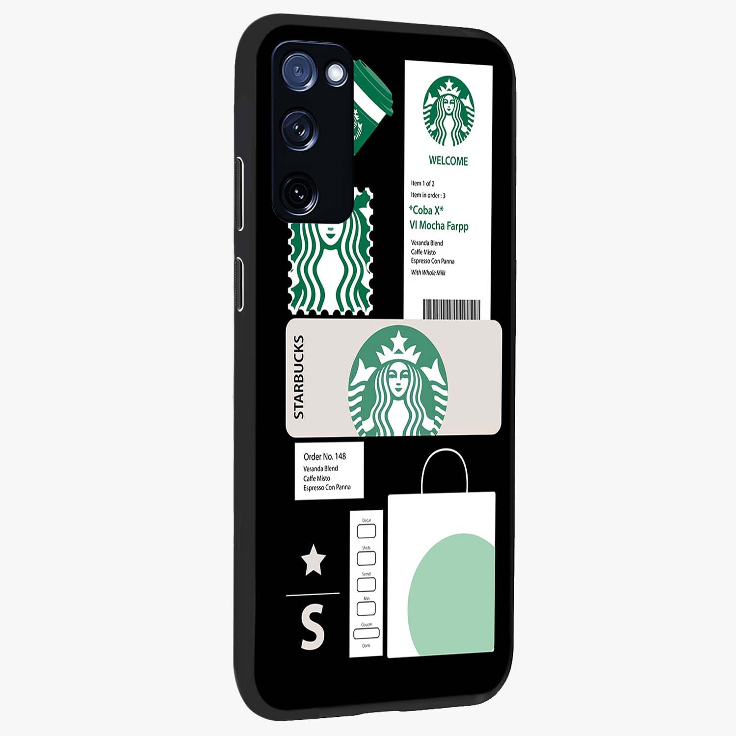 Starbucks Mocha Glass Case upright view showcasing trendy coffee inspired artwork with modern lifestyle theme.