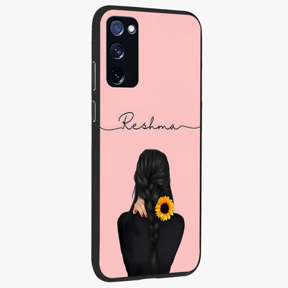 Sunflower Braid Beauty With Custom Name Glass Case upright view showcasing bright sunflower artwork with personalized floral aesthetic.