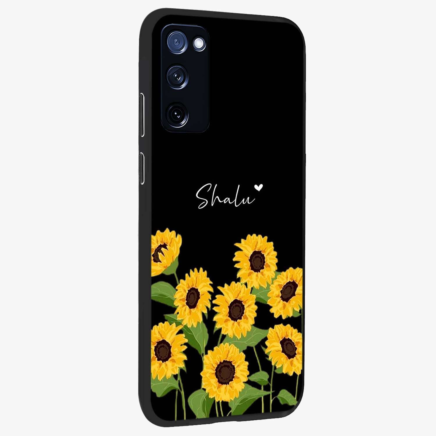 Sunflower Chic Mood Custom Name Glass Case upright view showcasing cheerful sunflower artwork with trendy floral theme.